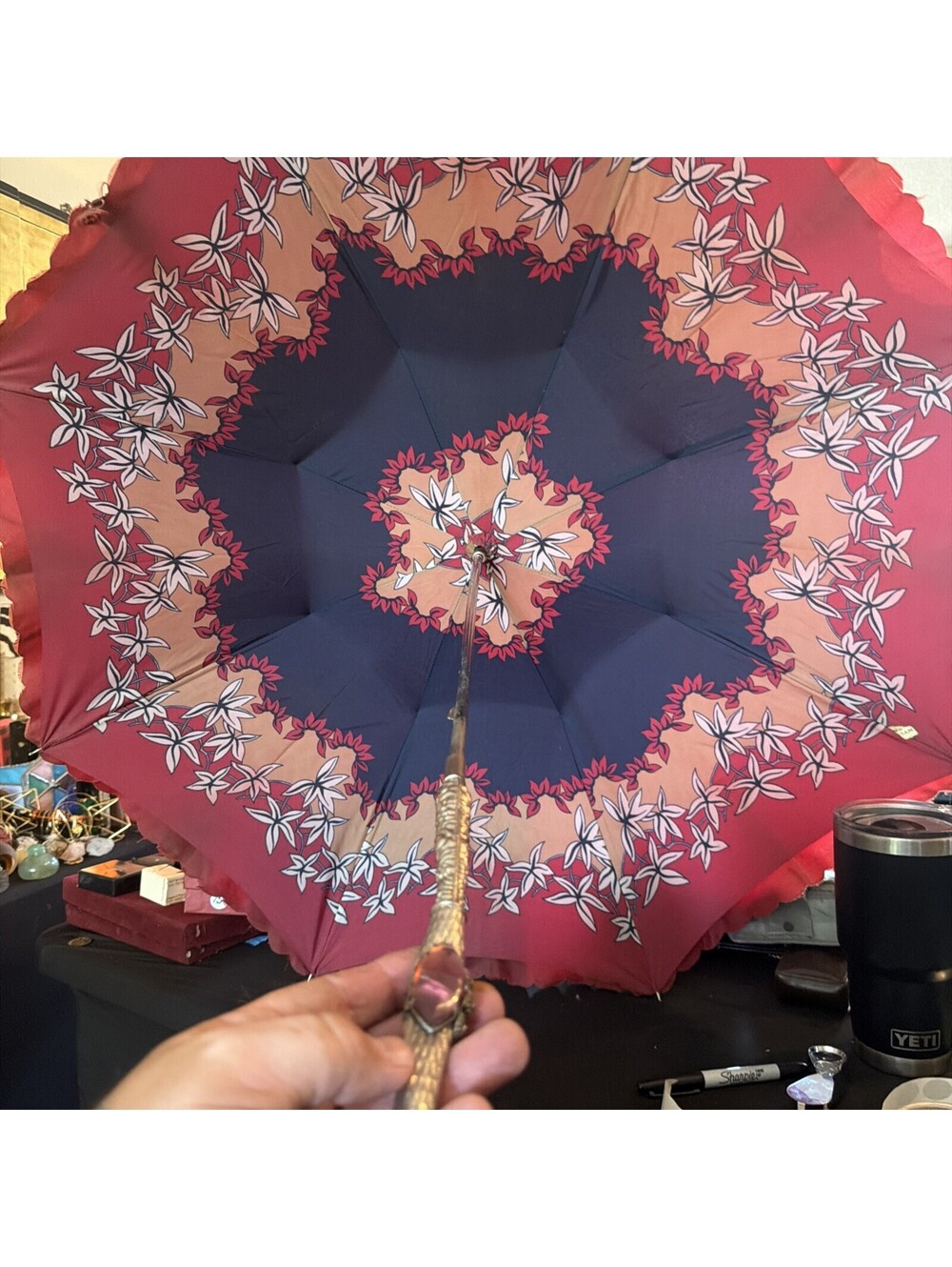 Victorian Cantilever Parasol Silver Orange And White Ruffled Umbrella Flowered